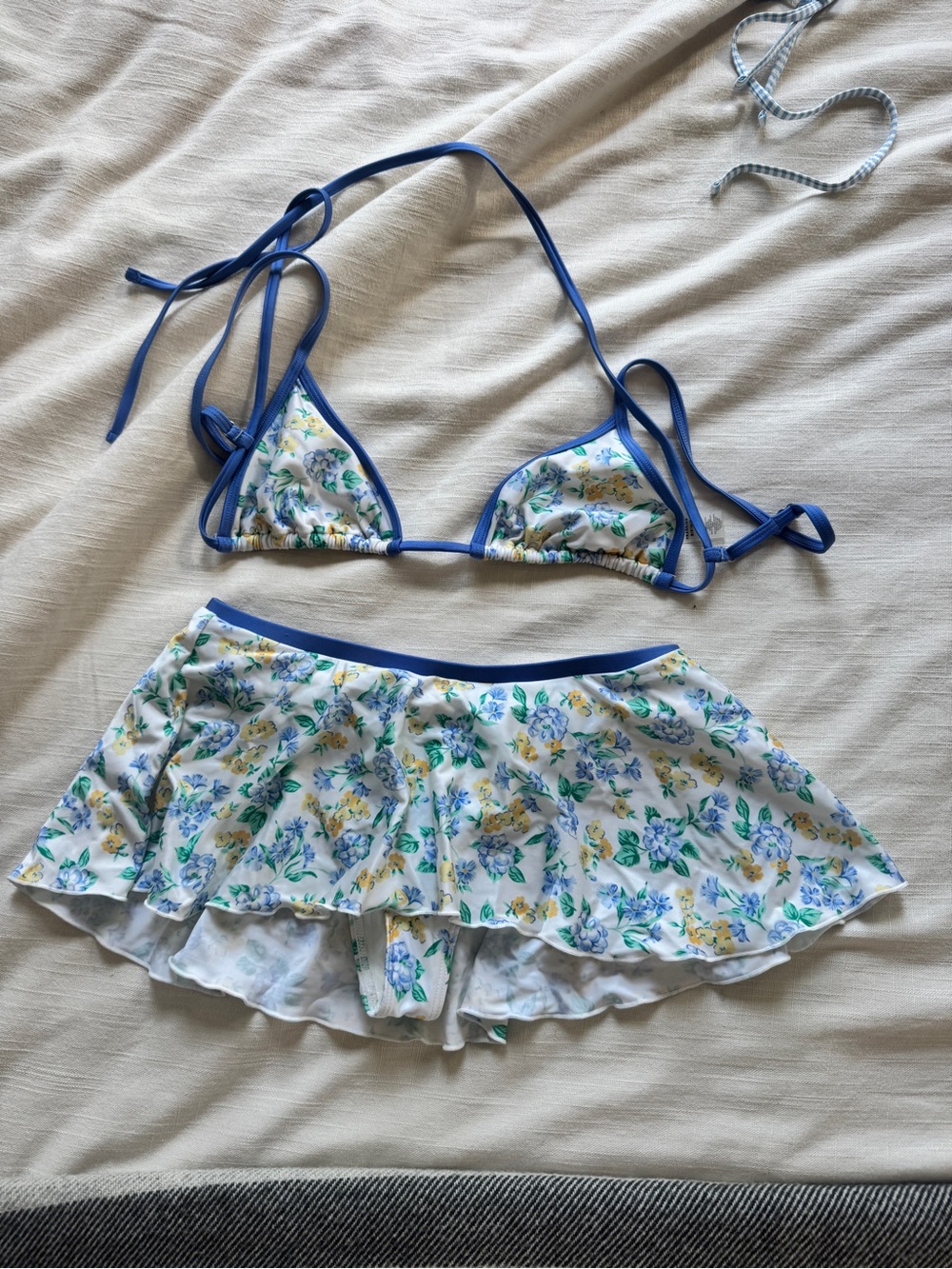 Frankie's Bikinis Blue Trim Floral Triangle Bikini Set with Skirt